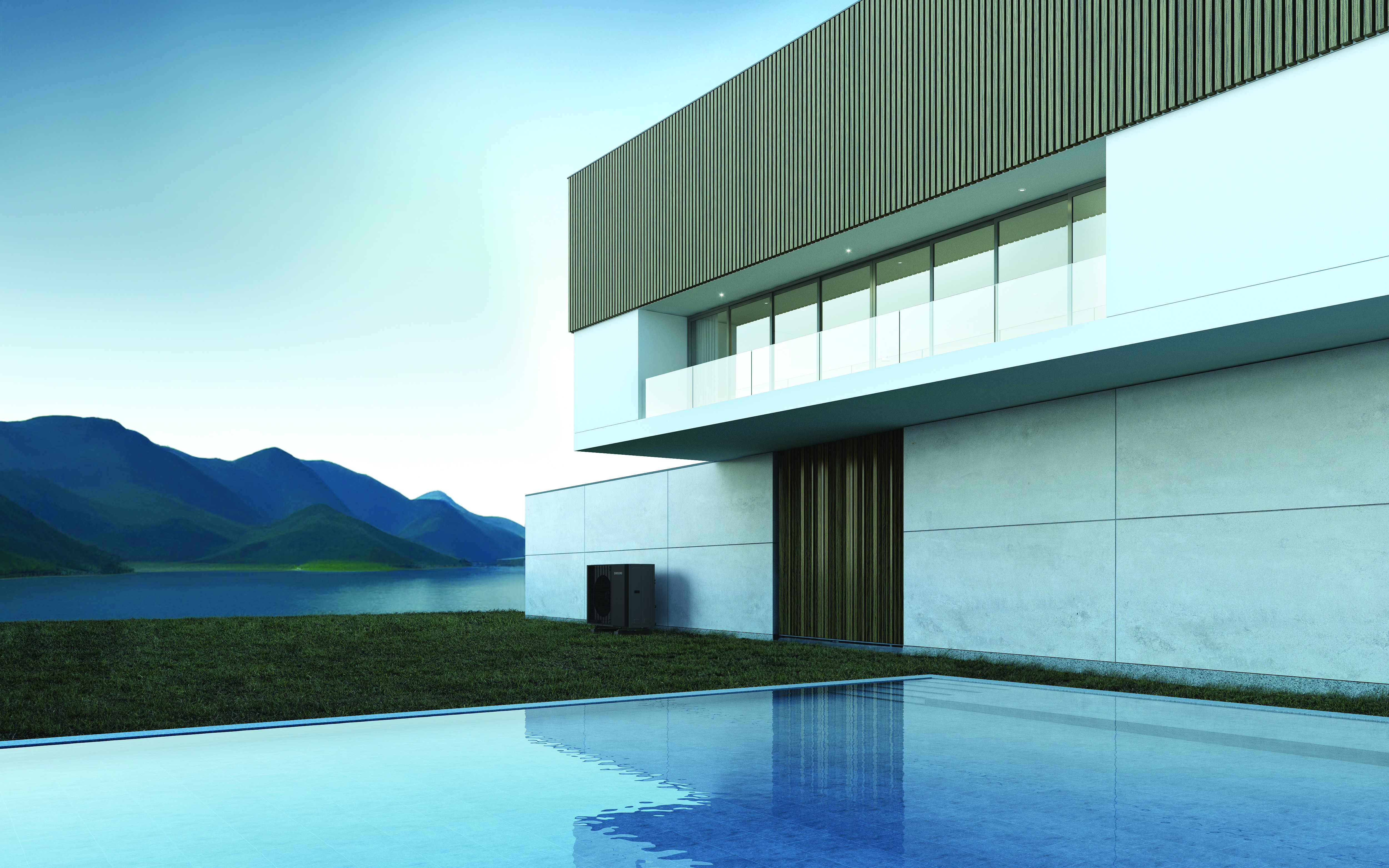 Perspective of luxury modern house with swimming pool and lawn yard in day time, Idea of minimal architecture design. 3D rendering